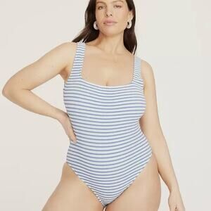 J. Crew Textured Squareneck One-Piece Swimsuit in Blue White Stripe Women's 22